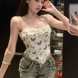 Advbridge Retro Sexy Butterfly Print Crop Top Lace Folded Edge Spliced Camisole Street Style Backless Suspender Summer Vacation Y2K Top