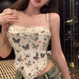 Advbridge Retro Sexy Butterfly Print Crop Top Lace Folded Edge Spliced Camisole Street Style Backless Suspender Summer Vacation Y2K Top