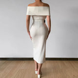 Advbridge Short Sleeve Slash Neck Bodycon Ribbed Dress Women Autumn Spring Fashion Solid Slim Split Casual Midi Female Clothing