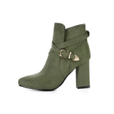 Advbridge New Winter Buckle Strap Faux Nubuck Flock Army Green Olive Burgundy Pointed Toe Block High Heels Ankle Boots For Women