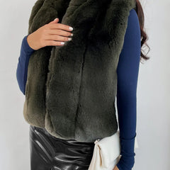 Advbridge Fur Coats Outwear Faux Fur Jacket Outwear Faux Fox Pocket Bead Sleeveless Women Vests Lapel Belt-Free Green Imitation