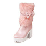 Advbridge High-heeled snow boots female Lolita sweet bow student fur boots  plus cashmere keep warm women shoes cute bowknot kawaii snow