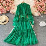 Advbridge  Runway Designer Autumn Party Dress Elegant Women Pink Ruffles Single Breasted Lantern Sleeve Shirt Long Dresses With Belt