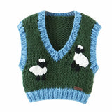 Advbridge Sheep Knitted Sweater Vest Vintage Animal Sleeveless Blue Cropped Sweater Vest Waistcost 2024 Autumn Winter Tops