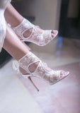 Advbridge white Flower Lace Sandals Women Slingback Lace Up Front Cutout Thin High Heel Wedding Sandal Woman Peep Toe Party Dress Shoes