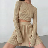 Advbridge Autumn Winter Green Knitted Skirt 2 Pieces Sets Women Suits Long Sleeve Slim Crop Top Sweater and Pleated Skirt Matching Sets