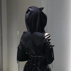 Advbridge Harajuku Women Summer Top Long Sleeveless Cute Cat Ear Hooded Pullover Lace Up Sweatshirt Hollow Out Lace Up Hoodies Short Top