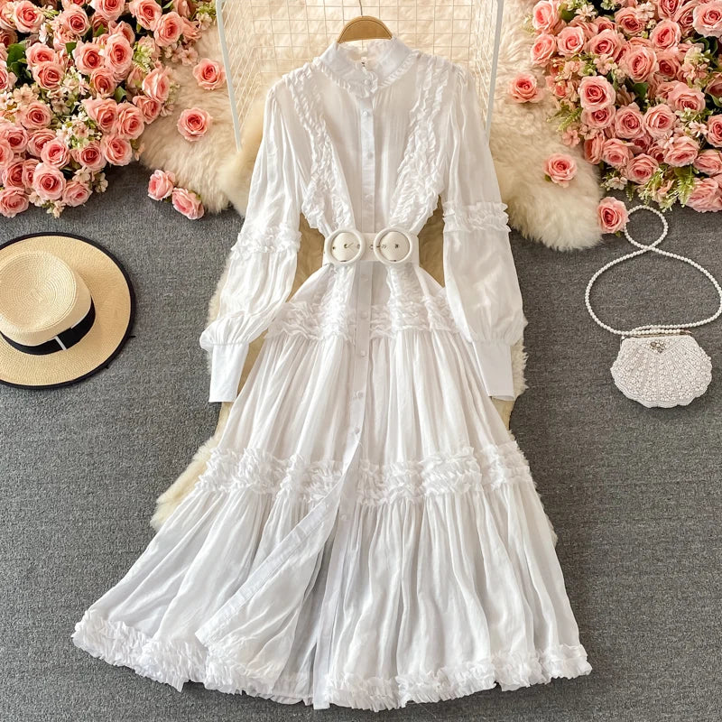 Advbridge  Runway Designer Autumn Party Dress Elegant Women Pink Ruffles Single Breasted Lantern Sleeve Shirt Long Dresses With Belt