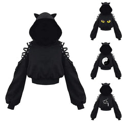 Advbridge Harajuku Women Summer Top Long Sleeveless Cute Cat Ear Hooded Pullover Lace Up Sweatshirt Hollow Out Lace Up Hoodies Short Top