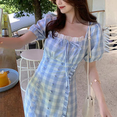 Advbridge Elegant Plaid Dress Women French Style Ruffle Chiffon Mini Dress Casual Korean Kawaii Sweet Chic Dress Women Summer Clothes