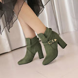 Advbridge New Winter Buckle Strap Faux Nubuck Flock Army Green Olive Burgundy Pointed Toe Block High Heels Ankle Boots For Women