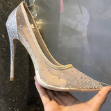 Advbridge Ladies Glitter Rhinestone Mesh Bling heels Pumps Summer Pointed toe Nude Black Mesh Crystal Sequined High Heels Wedding Shoes