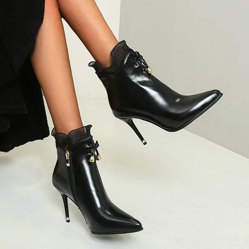 Advbridge Black White Women Ankle Boots Fashion Pointed Toe Thin High Heel Short Boots Side Zipper Dress Woman's Shoes Big Size 34-45