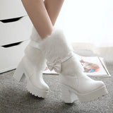 Advbridge High-heeled snow boots female Lolita sweet bow student fur boots  plus cashmere keep warm women shoes cute bowknot kawaii snow