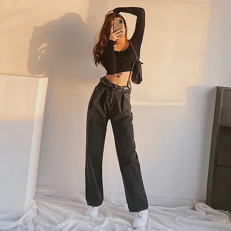 Advbridge -  Women's Jeans Baggy Mom Jeans High Waist Straight Pants Women Autumn Black Fashion Casual Loose Trousers