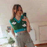 Advbridge Sheep Knitted Sweater Vest Vintage Animal Sleeveless Blue Cropped Sweater Vest Waistcost 2024 Autumn Winter Tops