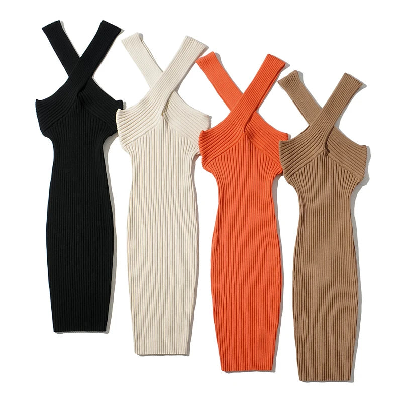 Advbridge -  Women Cross Detail Rib Knitted Dress Mini Dress