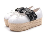 Advbridge Girl's Bowtie Rope Braided Platform Silk Ballet Flats Shoes Woman Double Buckle Graid Riband Bandage Round Toe Fishman Shoes