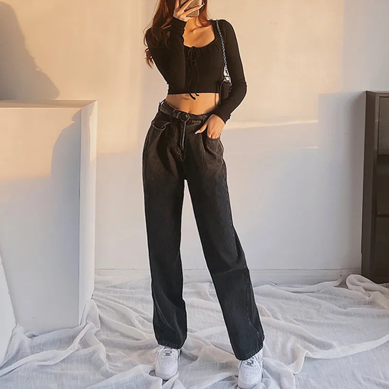 Advbridge -  Women's Jeans Baggy Mom Jeans High Waist Straight Pants Women Autumn Black Fashion Casual Loose Trousers