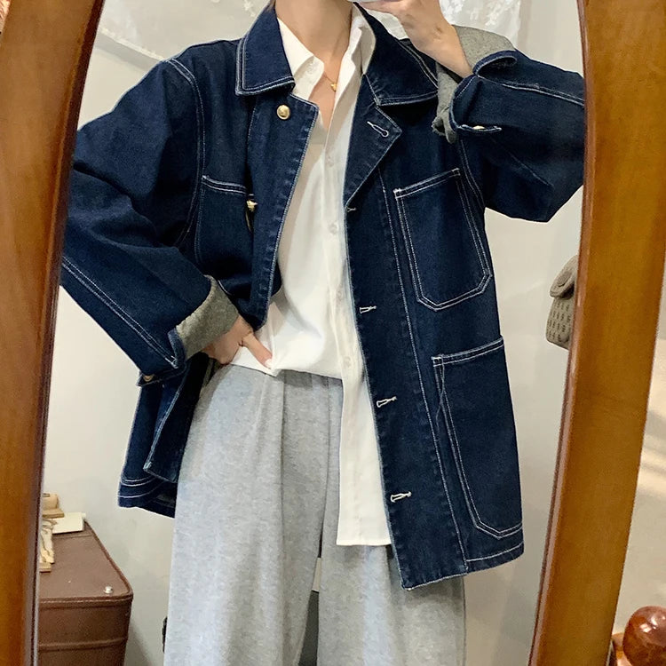 Advbridge  -  Women's casual Jean Coats autumn Women loose Vintage Blue Denim Jacket Long Sleeve Loose Female Girls Outwear coats (78518)