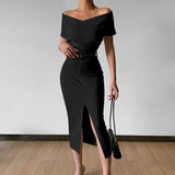 Advbridge Short Sleeve Slash Neck Bodycon Ribbed Dress Women Autumn Spring Fashion Solid Slim Split Casual Midi Female Clothing