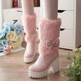 Advbridge High-heeled snow boots female Lolita sweet bow student fur boots  plus cashmere keep warm women shoes cute bowknot kawaii snow