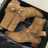 Advbridge Tan/Black Suede Leather Chains Harness Buckle Men Boots Stacked Heel Anke Boots Side Zip Men Fashion Boots Men Shoes