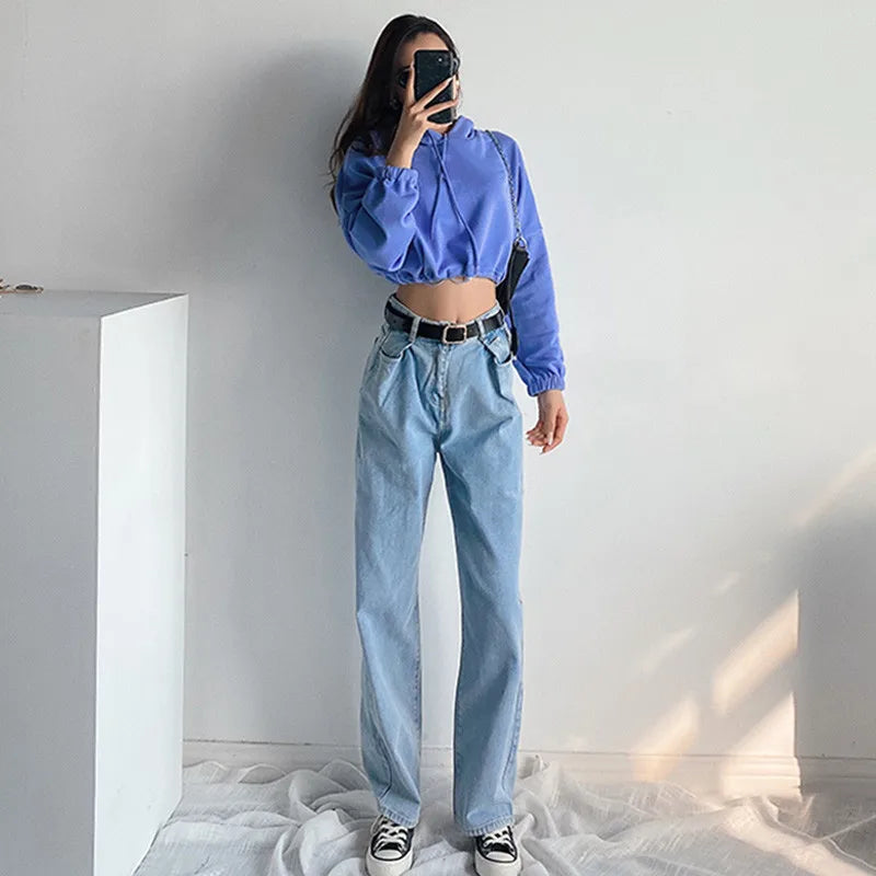 Advbridge -  Women's Jeans Baggy Mom Jeans High Waist Straight Pants Women Autumn Black Fashion Casual Loose Trousers