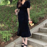 Advbridge  vintage elegant new summer a-line short sleeve midi dress women party korean dresses woman solid white v neck vestido