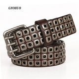 Advbridge 3 Needles Heavy Metal Cowboy Punk Belt Real Genuine Leather Hip Hop Belts Men Cross Square Rivet Jeans Belt Male Strap Studded