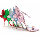 Advbridge Glitter Embroidery Butterfly Wing High Heel Sandals Women Angel Wings Ankle Wrap Pumps Open Toe Real Leather Party High Heels