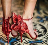 Advbridge Glitter Embroidery Butterfly Wing High Heel Sandals Women Angel Wings Ankle Wrap Pumps Open Toe Real Leather Party High Heels