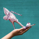 Advbridge Glitter Embroidery Butterfly Wing High Heel Sandals Women Angel Wings Ankle Wrap Pumps Open Toe Real Leather Party High Heels