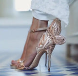 Advbridge Glitter Embroidery Butterfly Wing High Heel Sandals Women Angel Wings Ankle Wrap Pumps Open Toe Real Leather Party High Heels