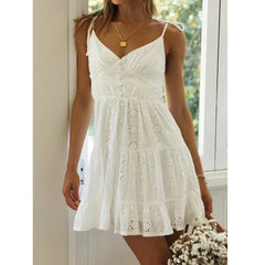 Advbridge White Lace Sleeveless Summer Dress Women Hollow Out Embriodery Sundress Casual Button Beach Boho Vintage Short Dress