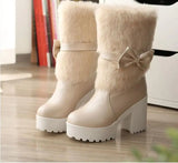 Advbridge High-heeled snow boots female Lolita sweet bow student fur boots  plus cashmere keep warm women shoes cute bowknot kawaii snow