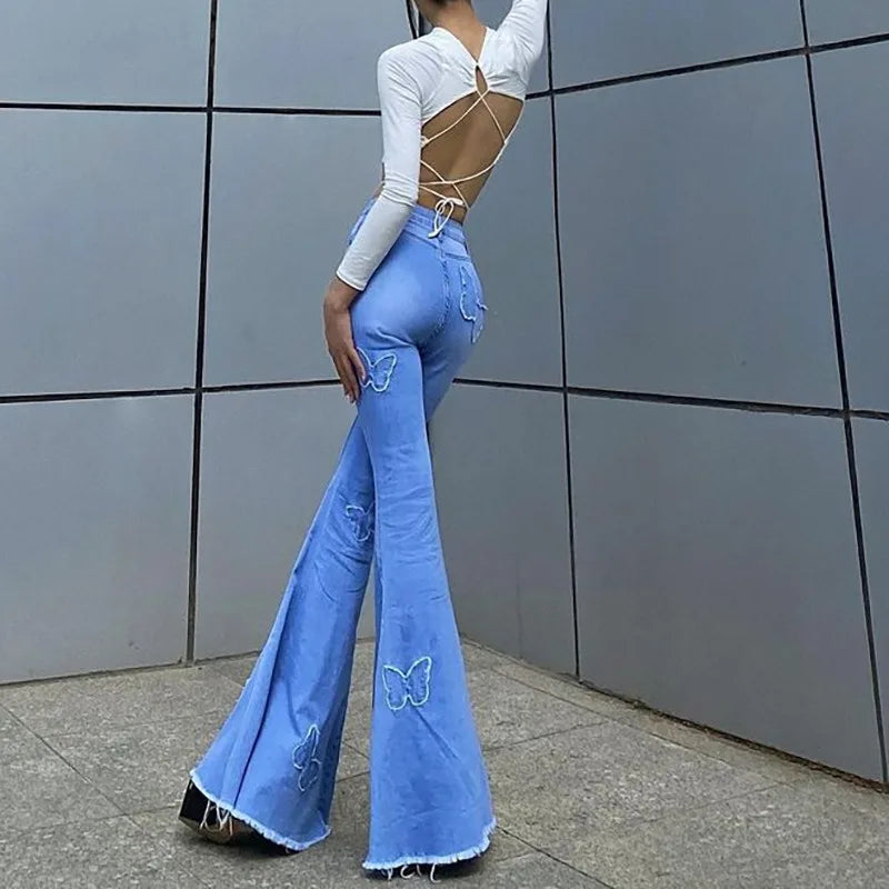 Advbridge Fashion Slim High Waist Flared Jeans Women Vintage Solid Denim Bell Bottom Pants Casual Trendy Butt Lifting Trousers Tall Girl