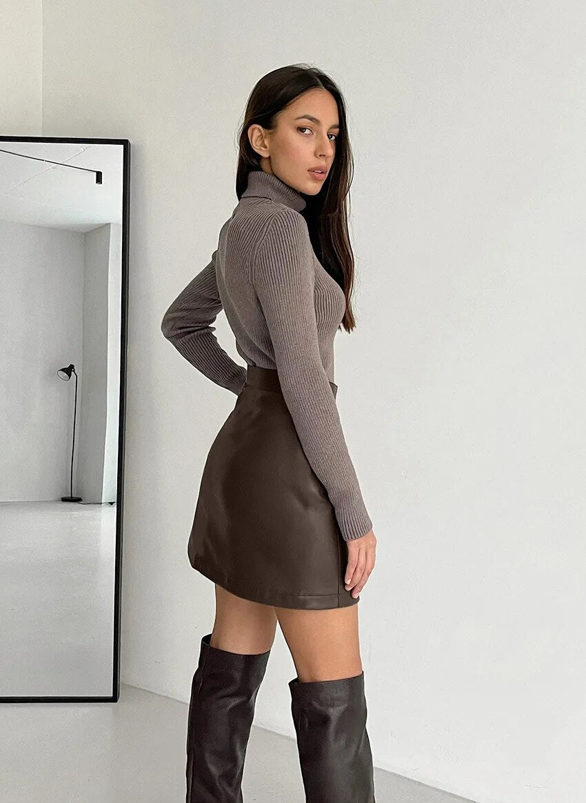 Advbridge Brown skirt female leather skirt pencil skirt office autumn and winter street fashion high waist black sexy tight PU short skirt