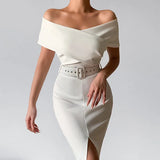 Advbridge Short Sleeve Slash Neck Bodycon Ribbed Dress Women Autumn Spring Fashion Solid Slim Split Casual Midi Female Clothing