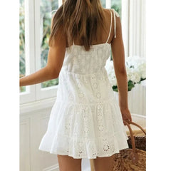 Advbridge White Lace Sleeveless Summer Dress Women Hollow Out Embriodery Sundress Casual Button Beach Boho Vintage Short Dress