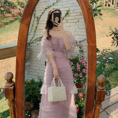 Advbridge  A-Line Vintage Mesh Solid Pink Dresses Women Sexy Embroidery Boho Lace Floral Dress Summer Print Party Elegant Short Sleeve