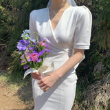 Advbridge  vintage elegant new summer a-line short sleeve midi dress women party korean dresses woman solid white v neck vestido