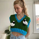 Advbridge Sheep Knitted Sweater Vest Vintage Animal Sleeveless Blue Cropped Sweater Vest Waistcost 2024 Autumn Winter Tops