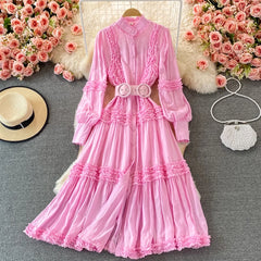 Advbridge  Runway Designer Autumn Party Dress Elegant Women Pink Ruffles Single Breasted Lantern Sleeve Shirt Long Dresses With Belt