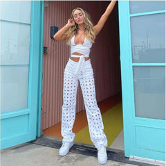 Advbridge Jeans Women Harajuku Ins Plaid Hole White Street Teens Streetwear All-match Loose Fashion Femme Wide Leg Pants Trousers