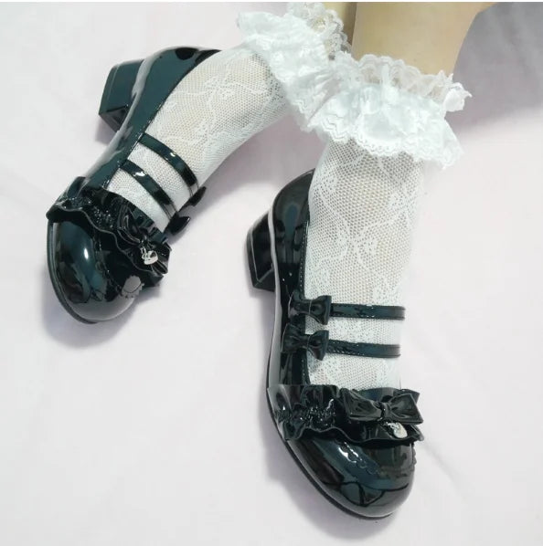 Advbridge japanese lace ruffle double row bowknot kawaii shoes round head thick heel cosplay women shoes loli Original sweet lolita shoes