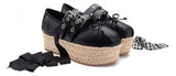 Advbridge Girl's Bowtie Rope Braided Platform Silk Ballet Flats Shoes Woman Double Buckle Graid Riband Bandage Round Toe Fishman Shoes