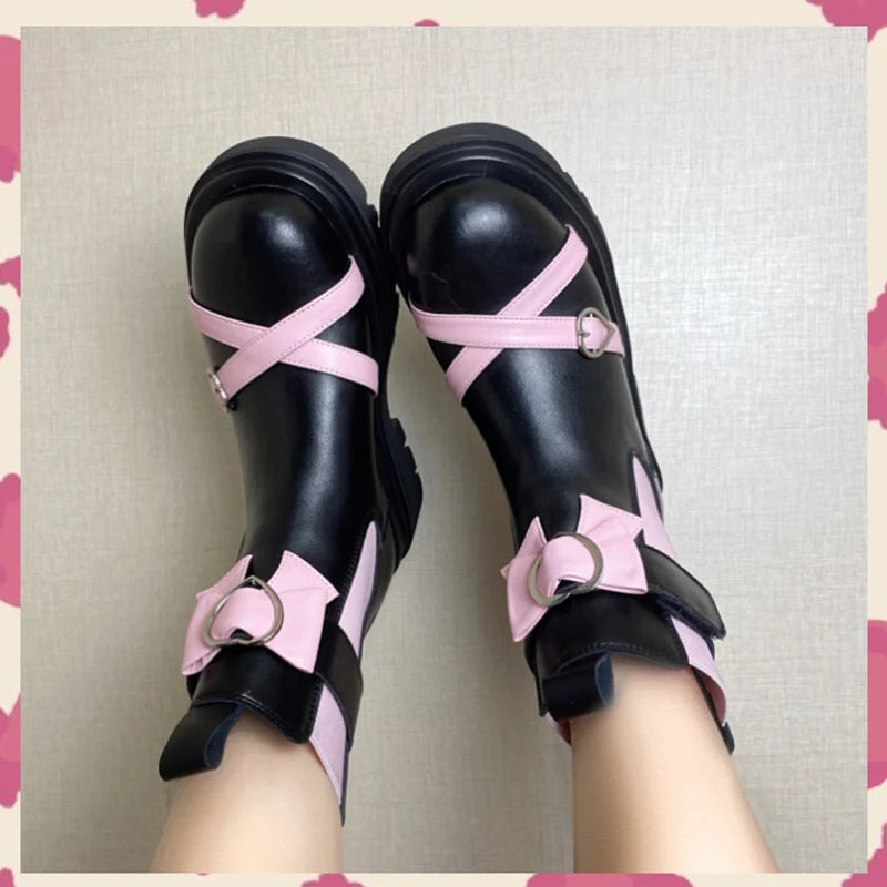 Advbridge Japanese Gothic Cool Girl Sleeve Thick-bottom Square Head Elastic Leather Martin Boots Lolita Boots Women Shoes Cosplay Loli