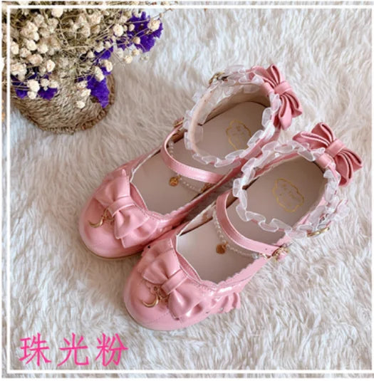 Japanese sweet lolita shoes vintage round head thick heel women shoes cute lace bowknot princess kawaii shoes loli cosplay
