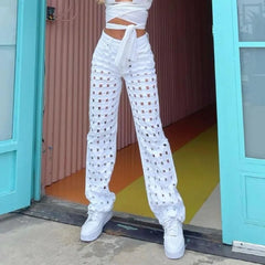 Advbridge Jeans Women Harajuku Ins Plaid Hole White Street Teens Streetwear All-match Loose Fashion Femme Wide Leg Pants Trousers